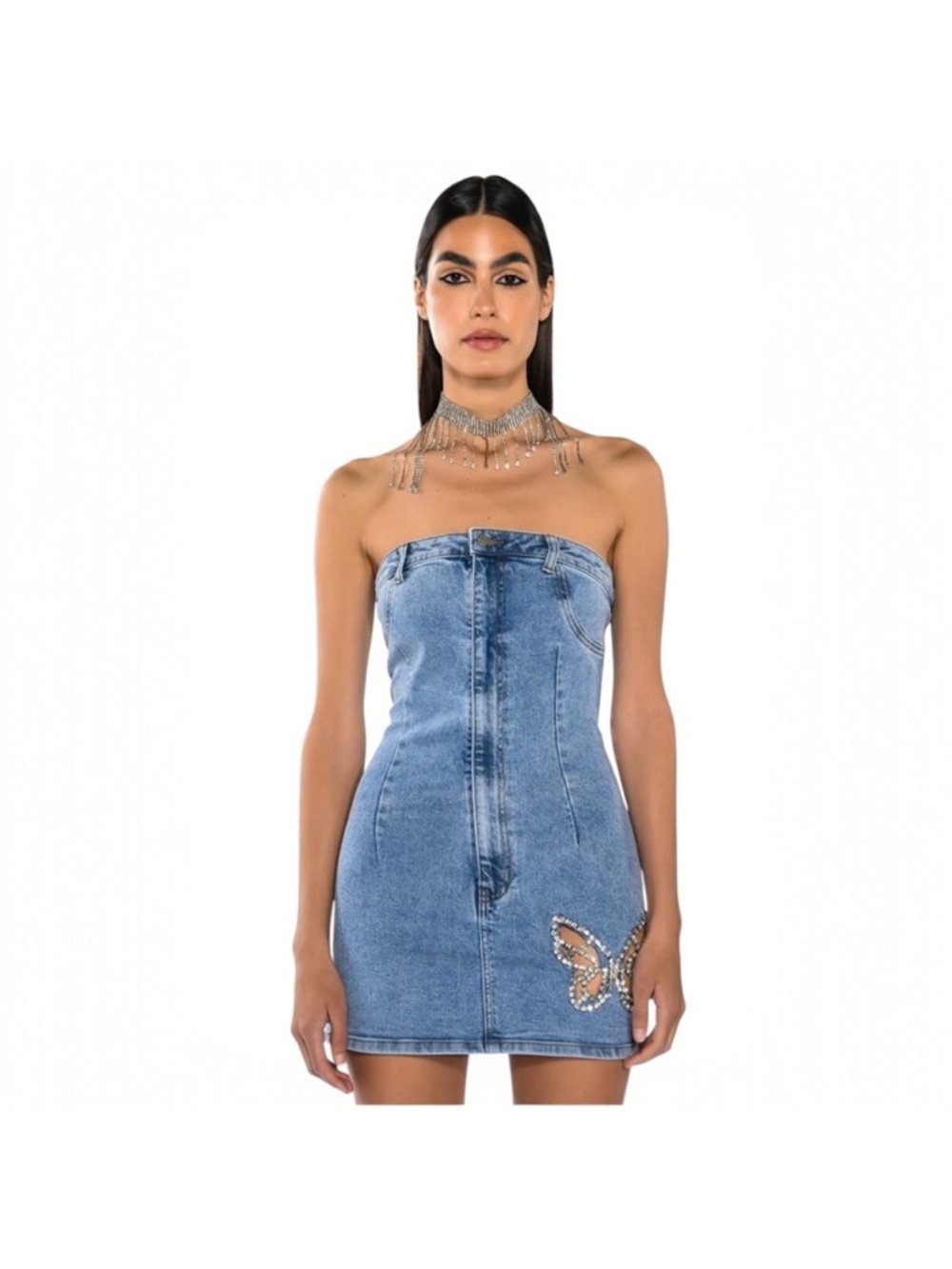 Akira Denim Strapless Mini Dress with Embellished Butterfly